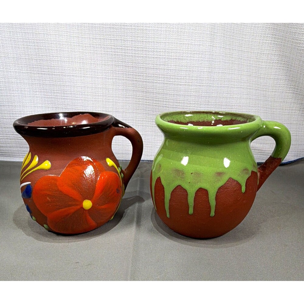 Pair of Vintage Mexican Barro Rojo Jarritos Clay Mugs Floral & Green Drip Glaze